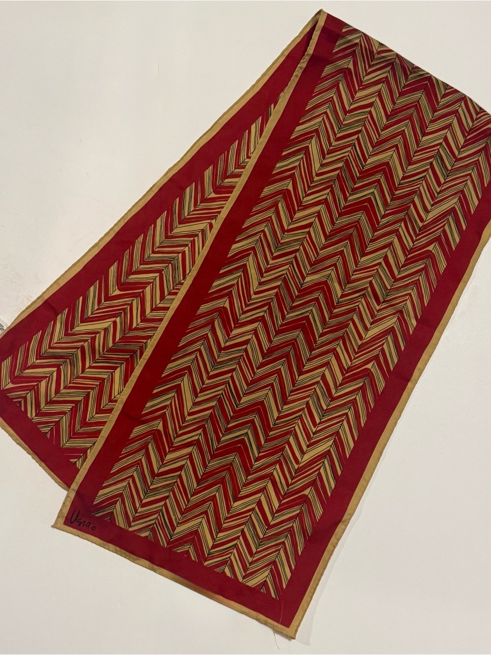 Vera Deep Red and Gold Chevron Scarf- Vintage Classic Geometric Accent